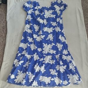 Aikane Hawaii Dress Blue White Floral Hibiscus Aloha Midi Muumuu 2XL Summer